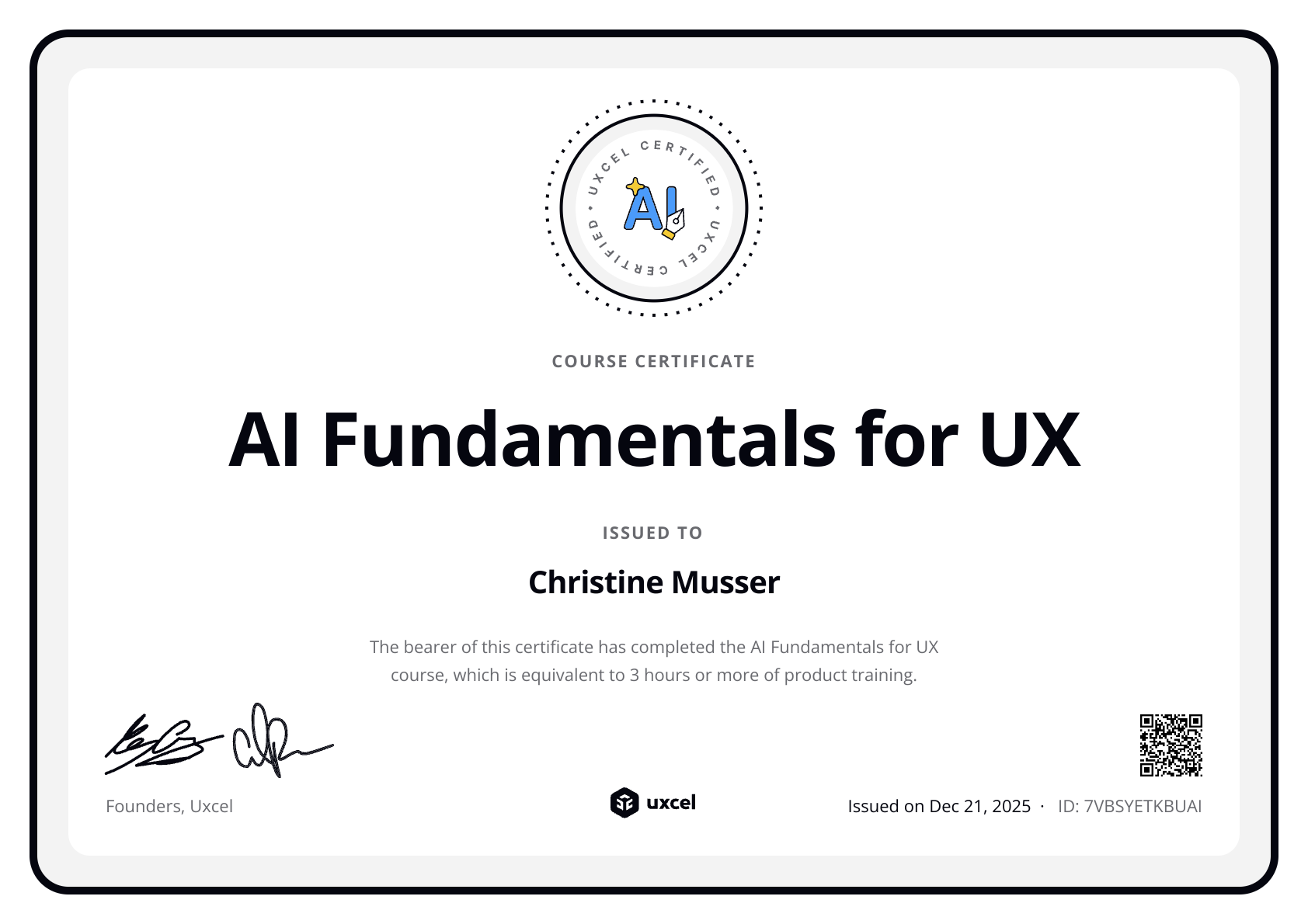 Christine Musser's certificate